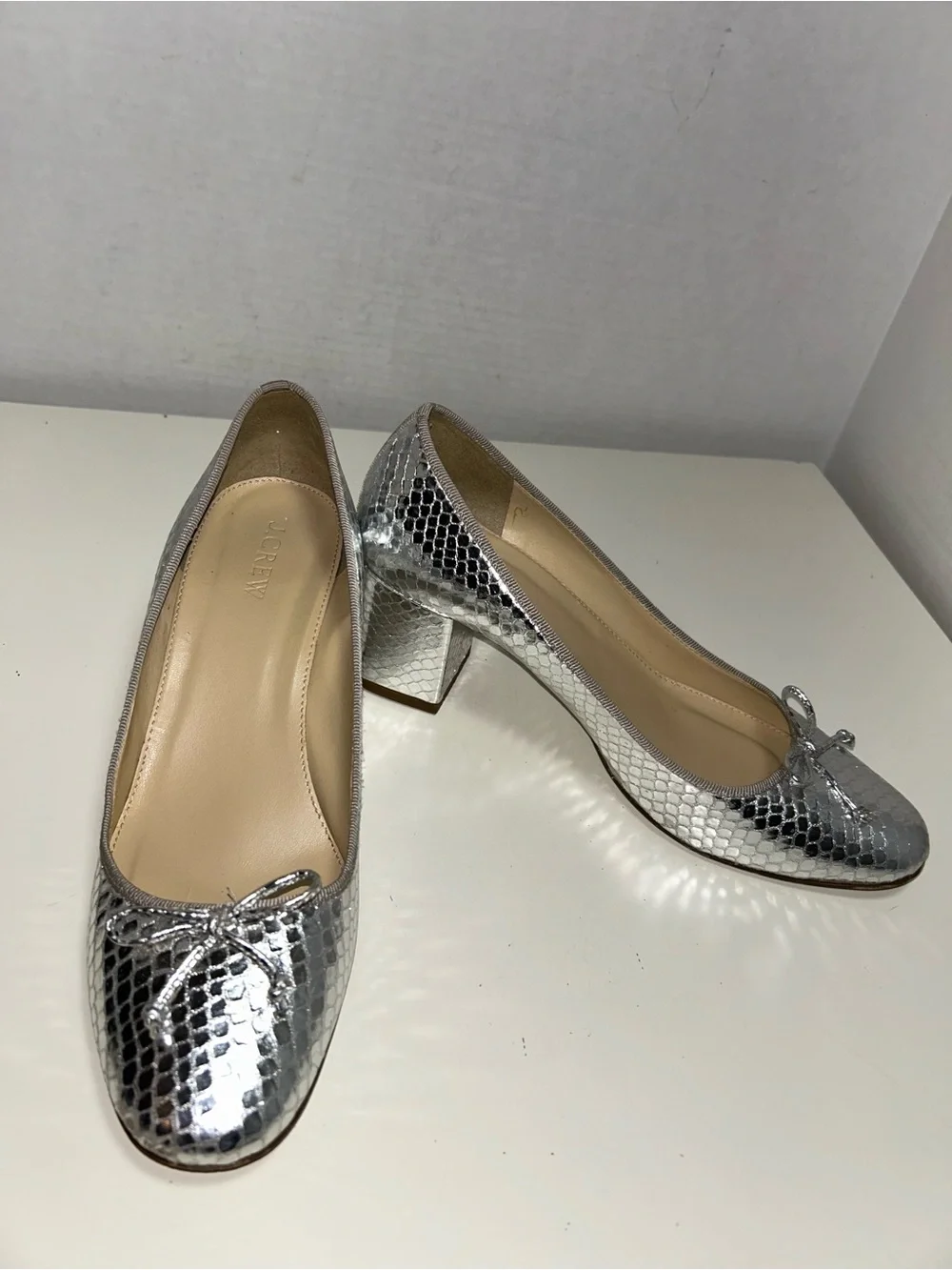 J. Crew Celia Silver Metallic Snake Print Leather Block Heel Pump